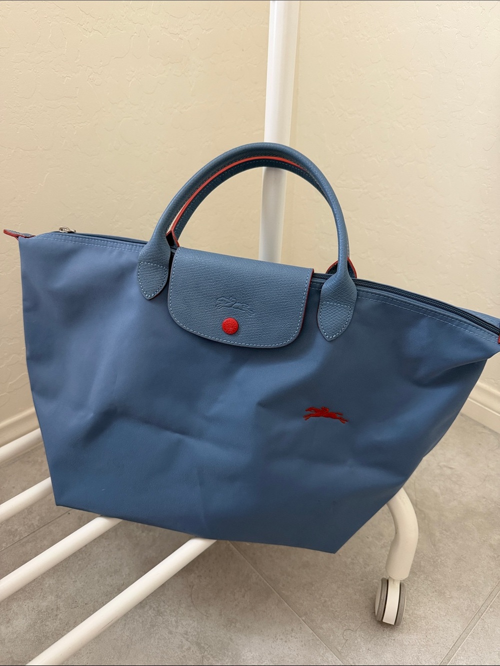 Longchamp Blue Tote with Red Trim